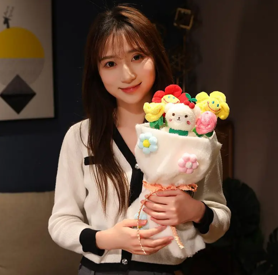 Animal(Bear/Rabbit/Pig/Duck) With Flower Plush Bouquet-  6 Styles With/Without Box and light