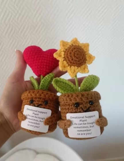 Handmade Knitted Heart/Flower In Pot With Positive Message - 3 Styles