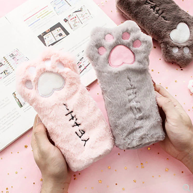 Cute Cat Paw Pencil Plush Bag (Pink/Grey/Brown) - 4 Styles