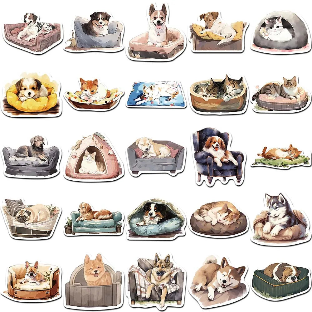 50 pcs Cute/Kawaii Dog/Cat In Bed Stickers