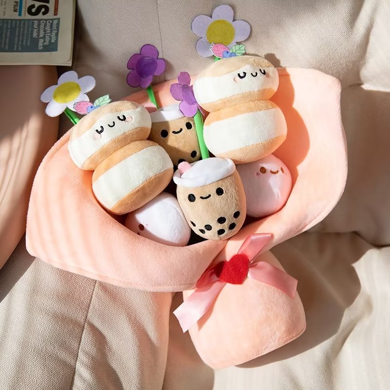 Bubble Tea With Flower Plush Bouquet