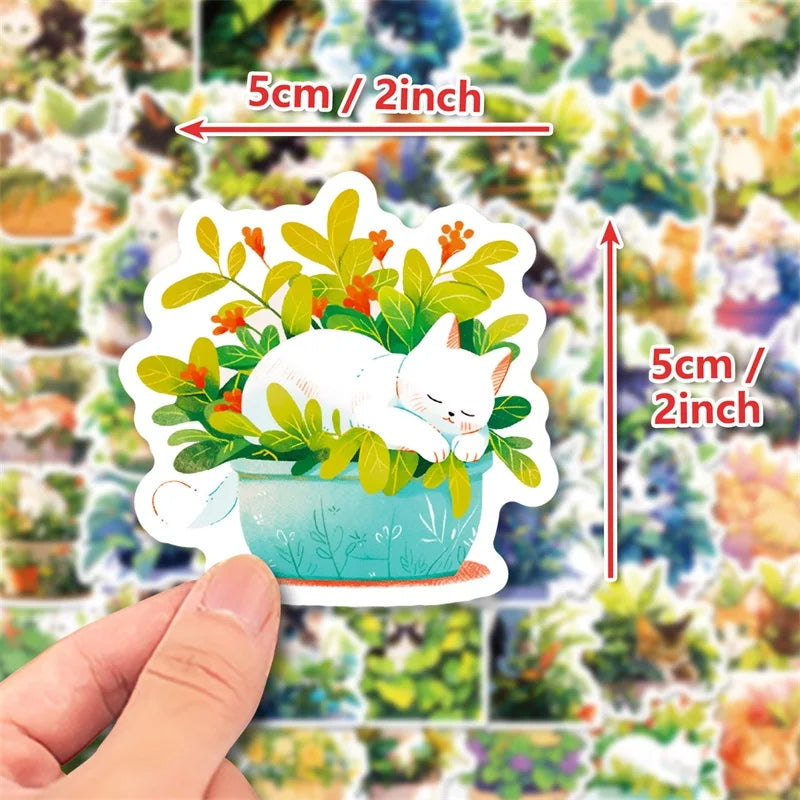 50 pcs Cute/Kawaii Cat With Plants Stickers