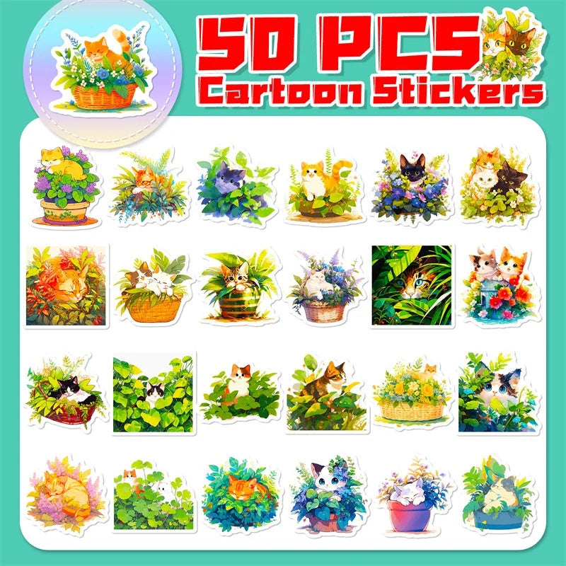 50 pcs Cute/Kawaii Cat With Plants Stickers