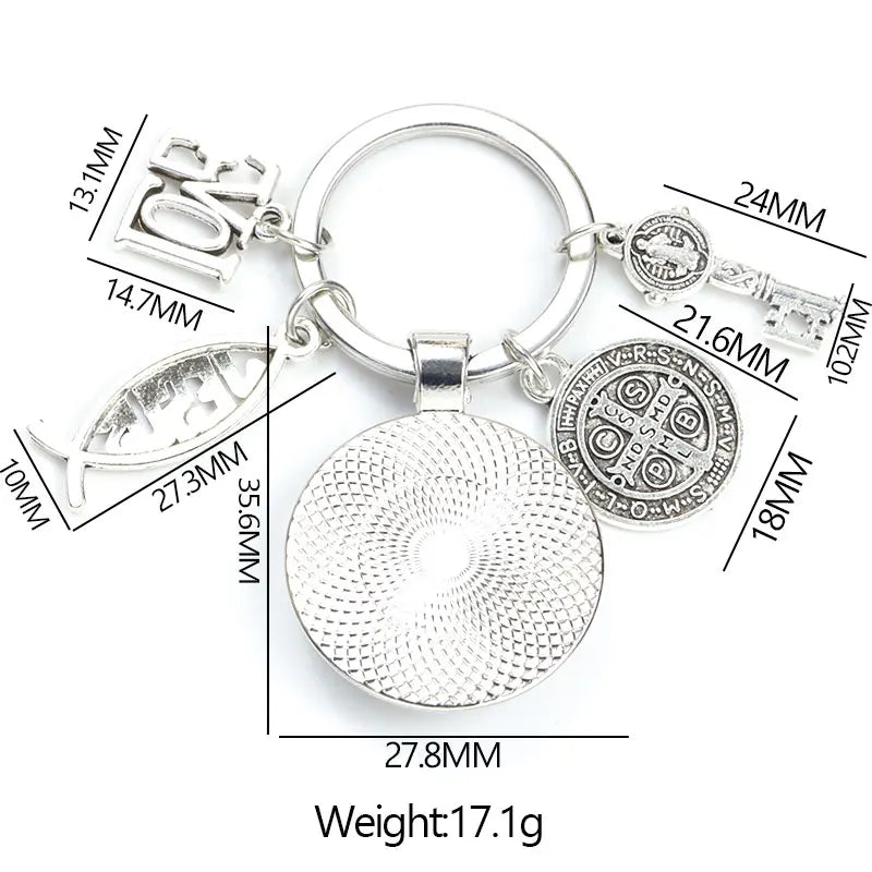 Keychain With Saint Benedict Medallion, Jesus Fish Sign and Other charms - 10 Choices