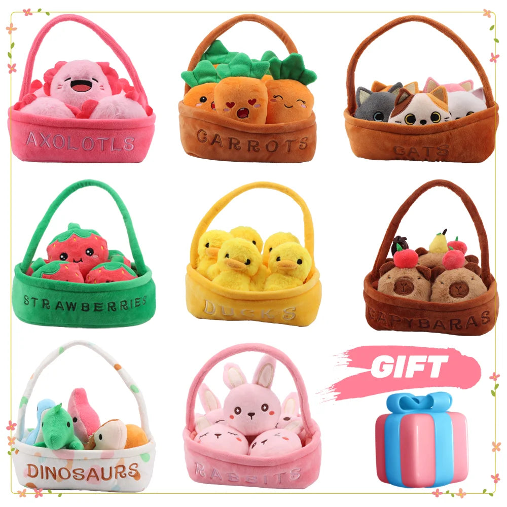 A Basket of 5 pcs Mini Plush Toys - Strawberries/Rabbits/Axolotls/Dinosaurs/Carrots/Ducks/Capybaras/Cats