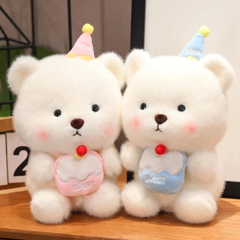 Cute White Bear/Capybara With Happy Birthday Hat And Cake Plush Toys 22cm - 4 Styles