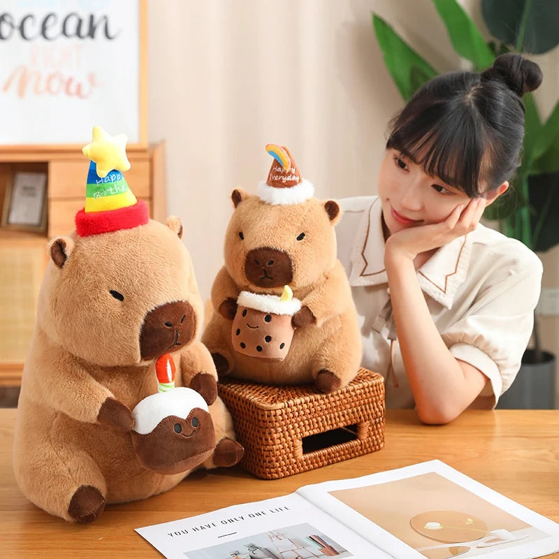 Cute Capybara With Happy Birthday Hat And Cake/Flower/Milk Tea Plush Toys 30/40cm