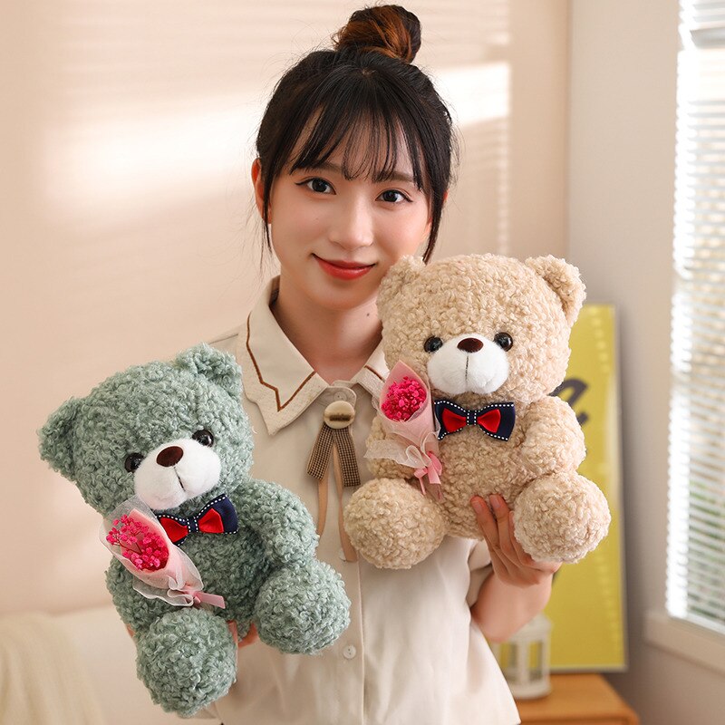 Teddy Bear With Bow Tie And Flower Plush Toys 25cm - Dark Brown/Green/Pink/Light Brown