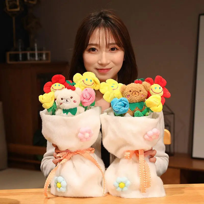 Animal(Bear/Rabbit/Pig/Duck) With Flower Plush Bouquet-  6 Styles With/Without Box and light