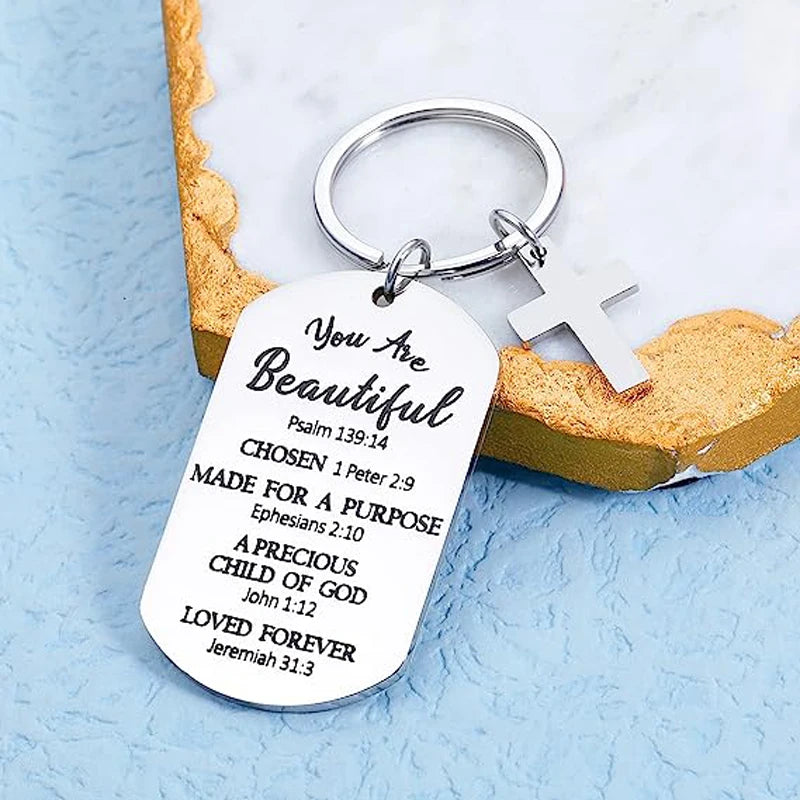 Keychain With The Bible Verse With Cross (Engraved Stainless Steel)