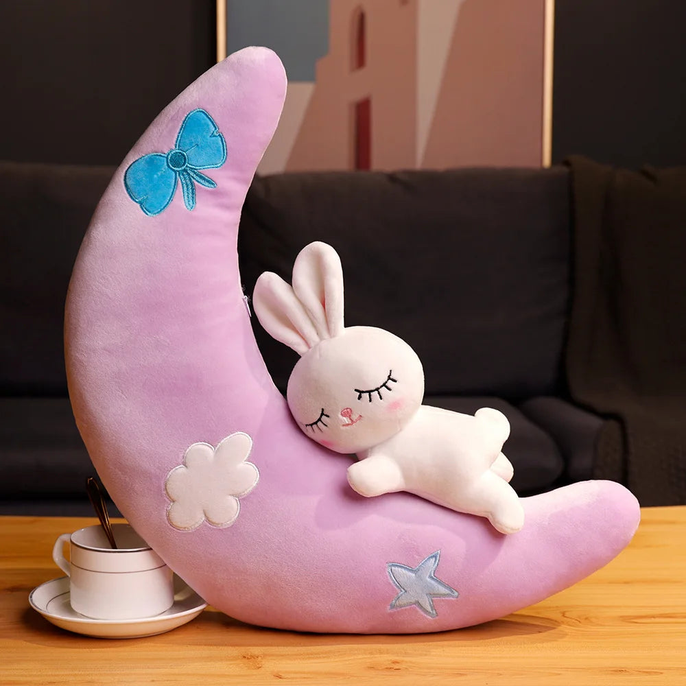 Cute Rabbit With Moon Plush Pillow Toy 30/50/70cm - Purple/Yellow/Pink