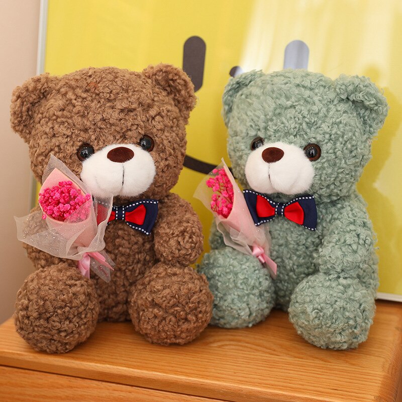 Teddy Bear With Bow Tie And Flower Plush Toys 25cm - Dark Brown/Green/Pink/Light Brown