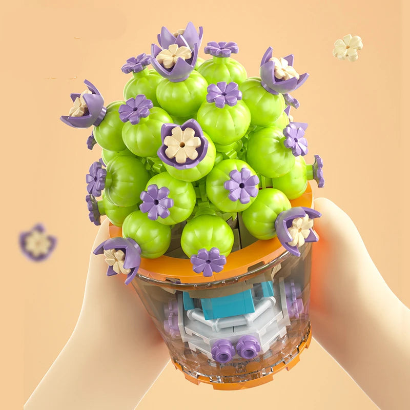 Flower Bouquet In Pot With Bonsai Style Mini Building Blocks - 10 Styles