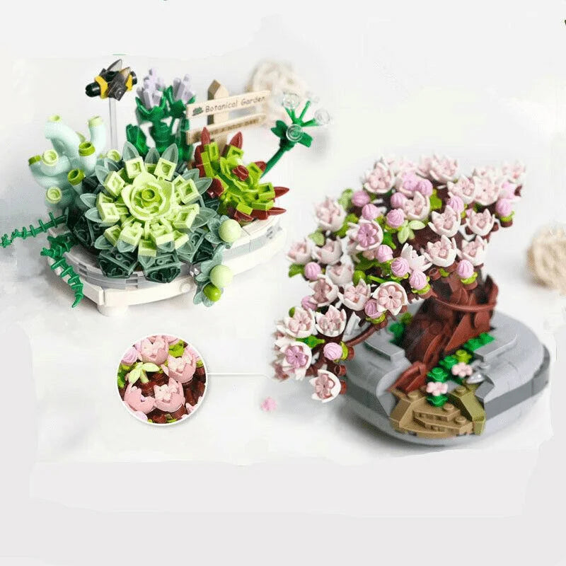 Tree With Flowers (Cherry Blossom) / Succulents In Bonsai Style Mini Building Blocks - 2 Styles