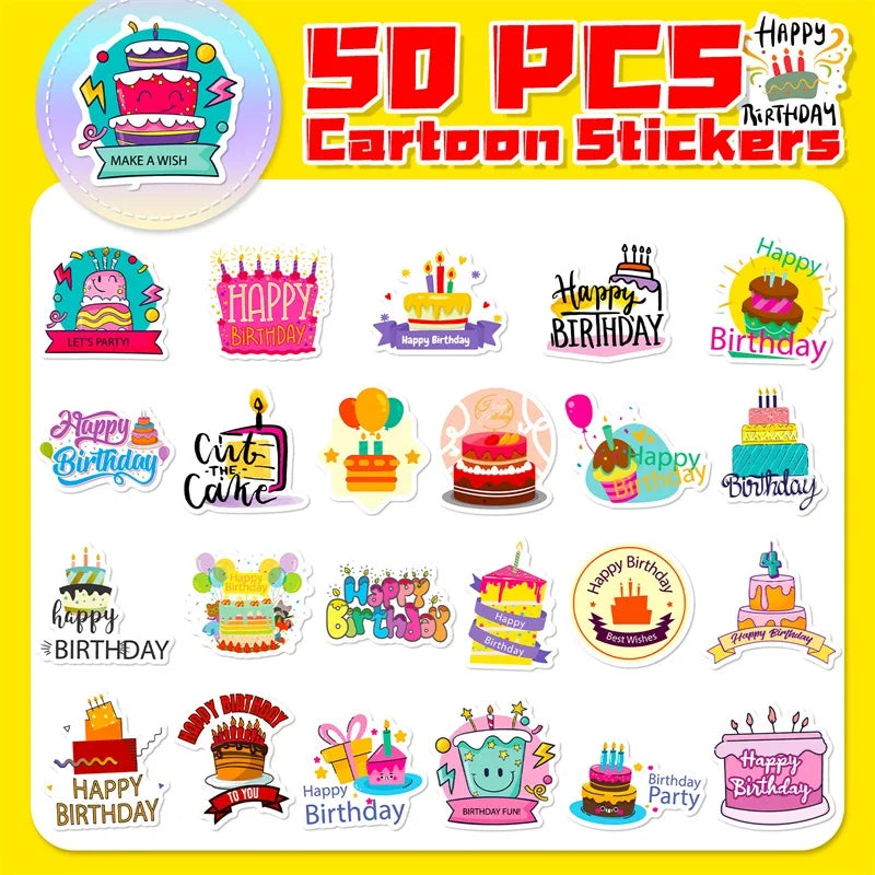 50 pcs Cute/Kawaii Happy Birthday Cake Stickers