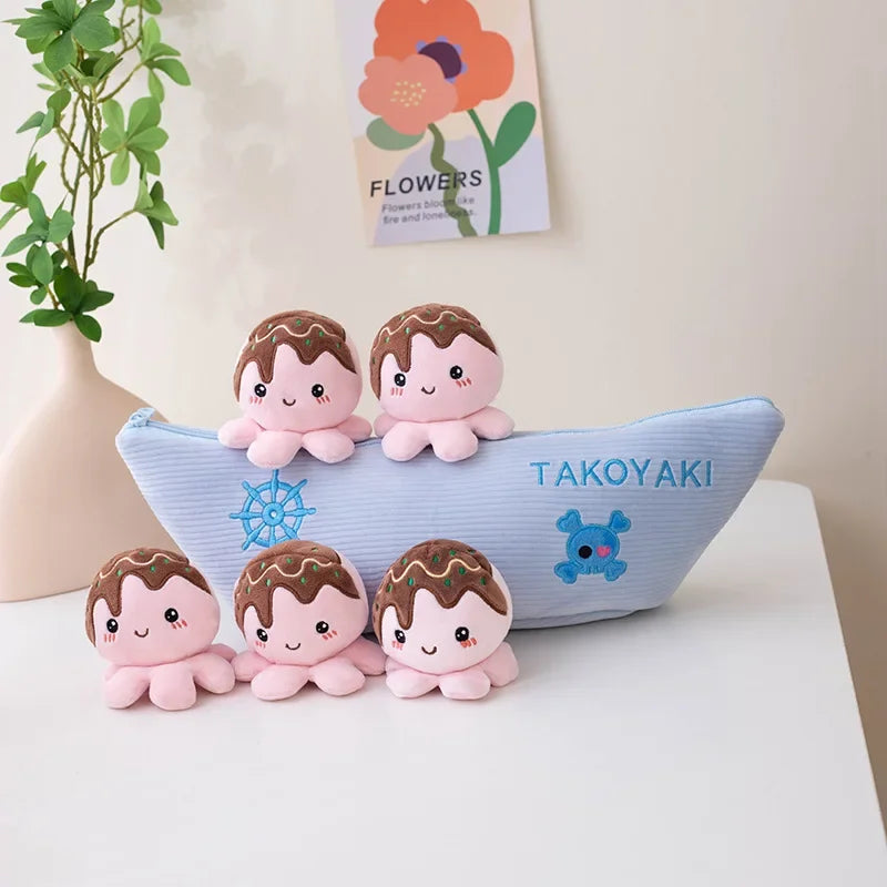 Cute 5 Takoyaki Octopus Balls In Pirate Boat Plush Toys - Blue/Pink