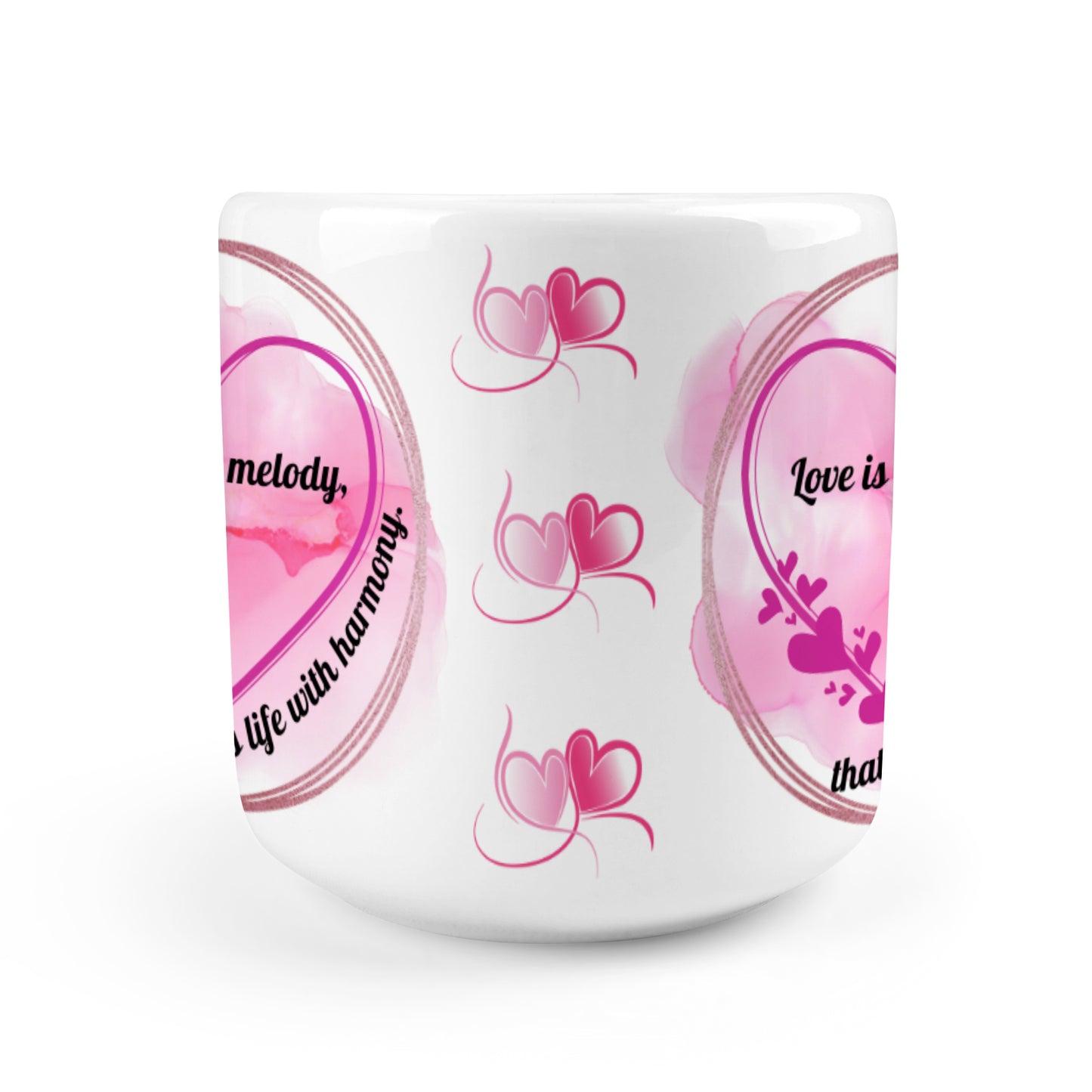 Heart-shaped Mug with "Love is the melody, that fills life with harmony." message (10.3 OZ)