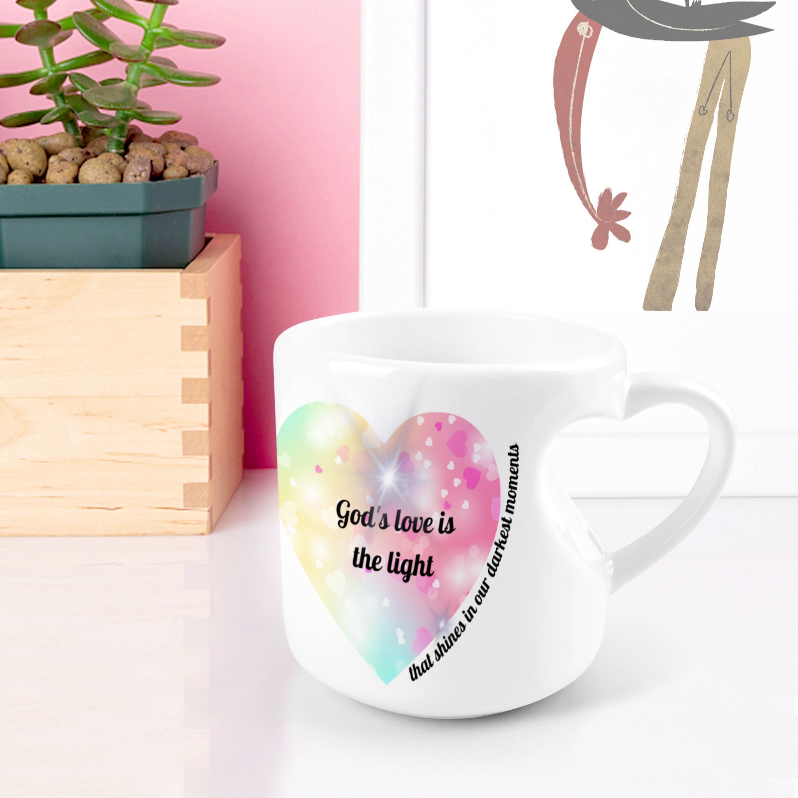 Heart-shaped Mug with "God's love is the light that shines in our darkest moments" message (10.3 OZ)