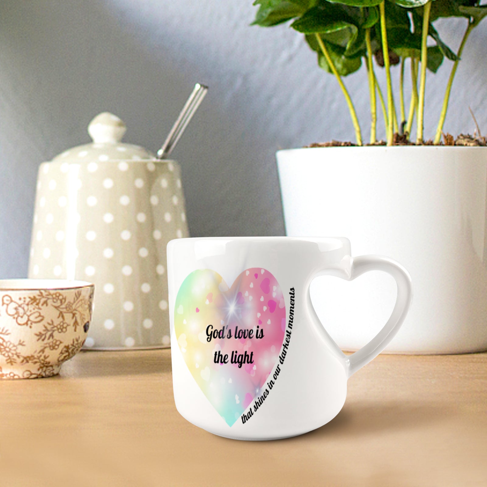 Heart-shaped Mug with "God's love is the light that shines in our darkest moments" message (10.3 OZ)