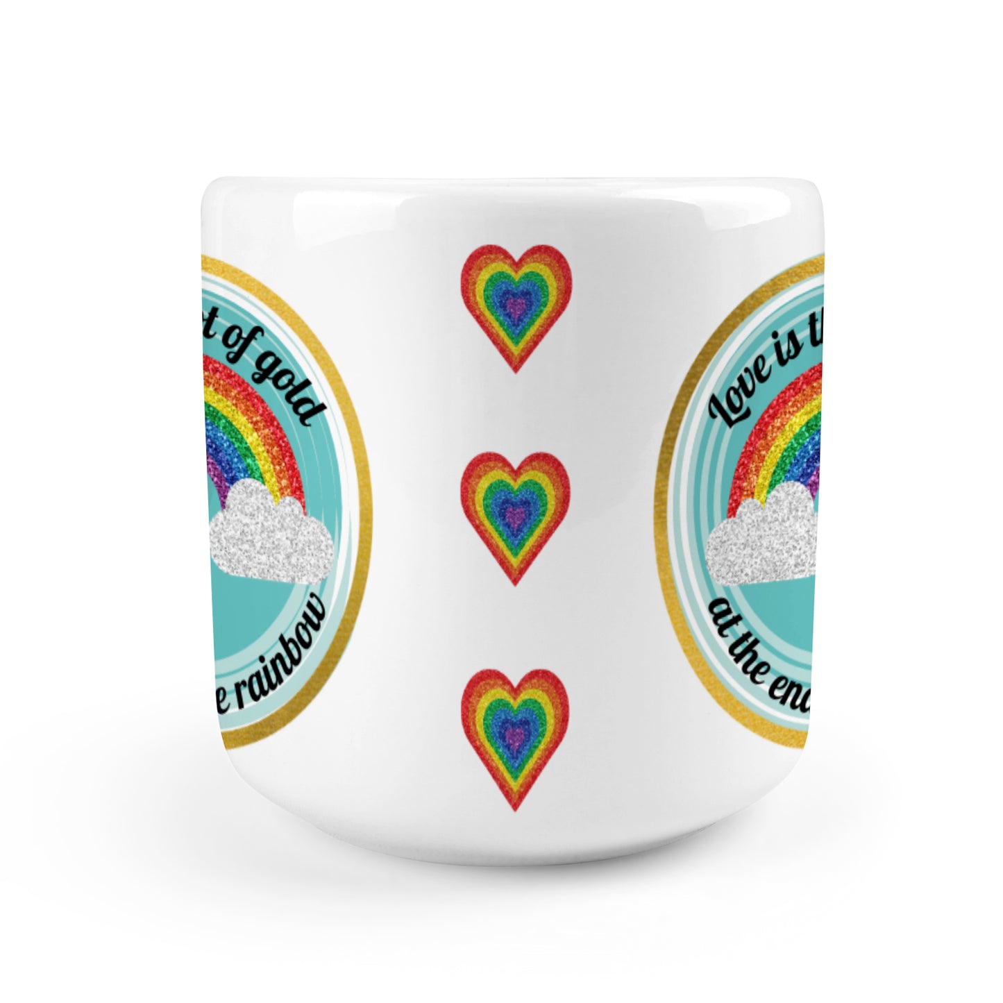 Heart-shaped Mug with "Love is the pot of gold at the end of the rainbow" message (10.3 OZ)