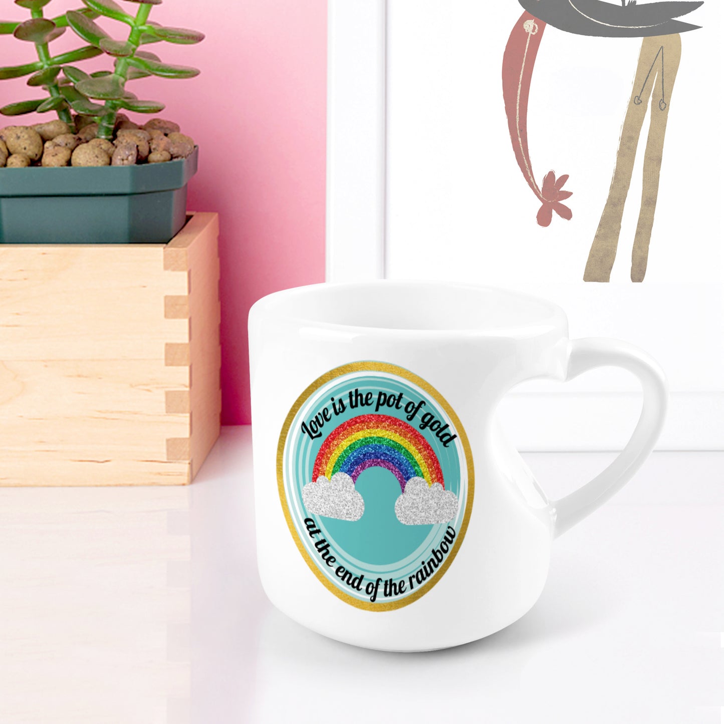 Heart-shaped Mug with "Love is the pot of gold at the end of the rainbow" message (10.3 OZ)