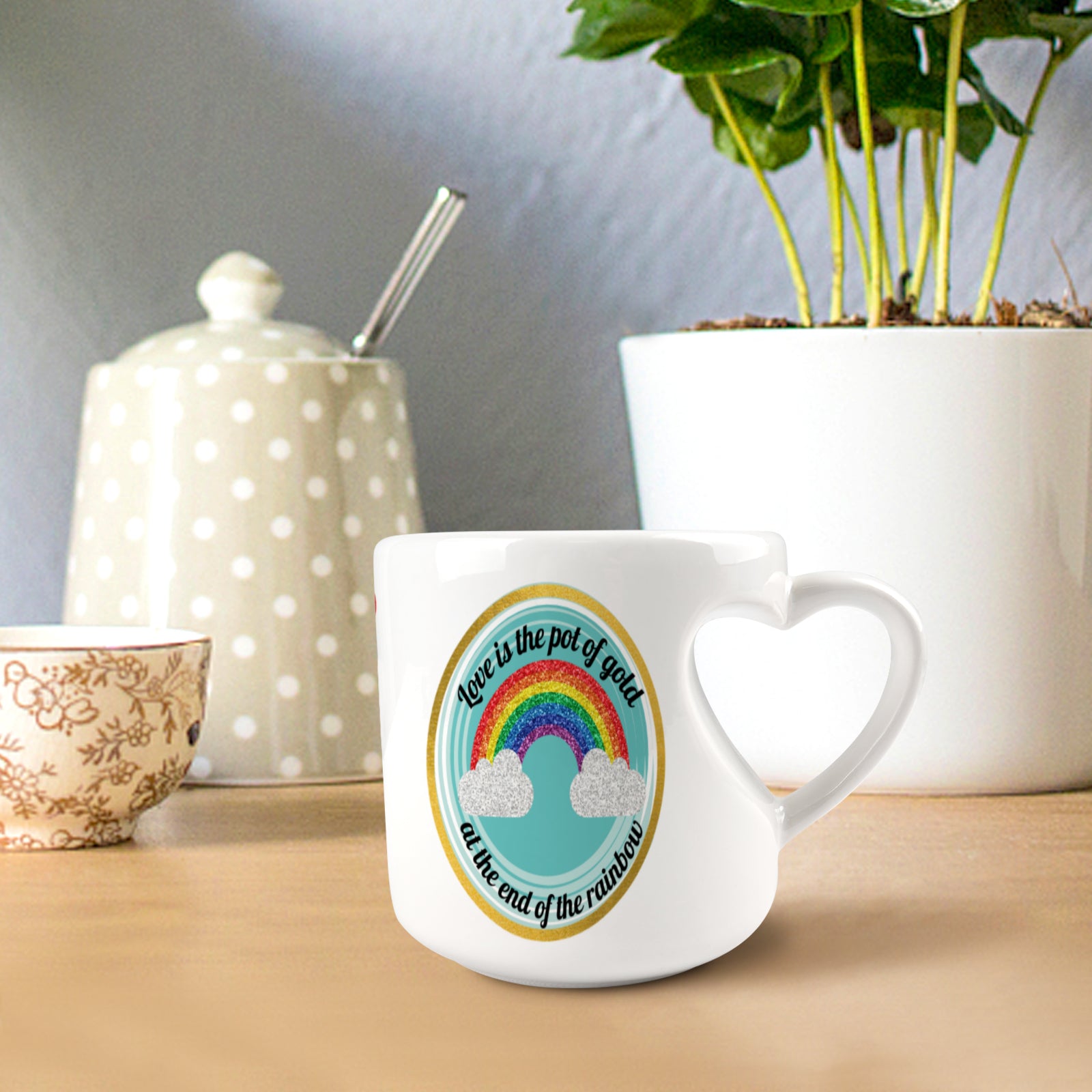 Heart-shaped Mug with "Love is the pot of gold at the end of the rainbow" message (10.3 OZ)