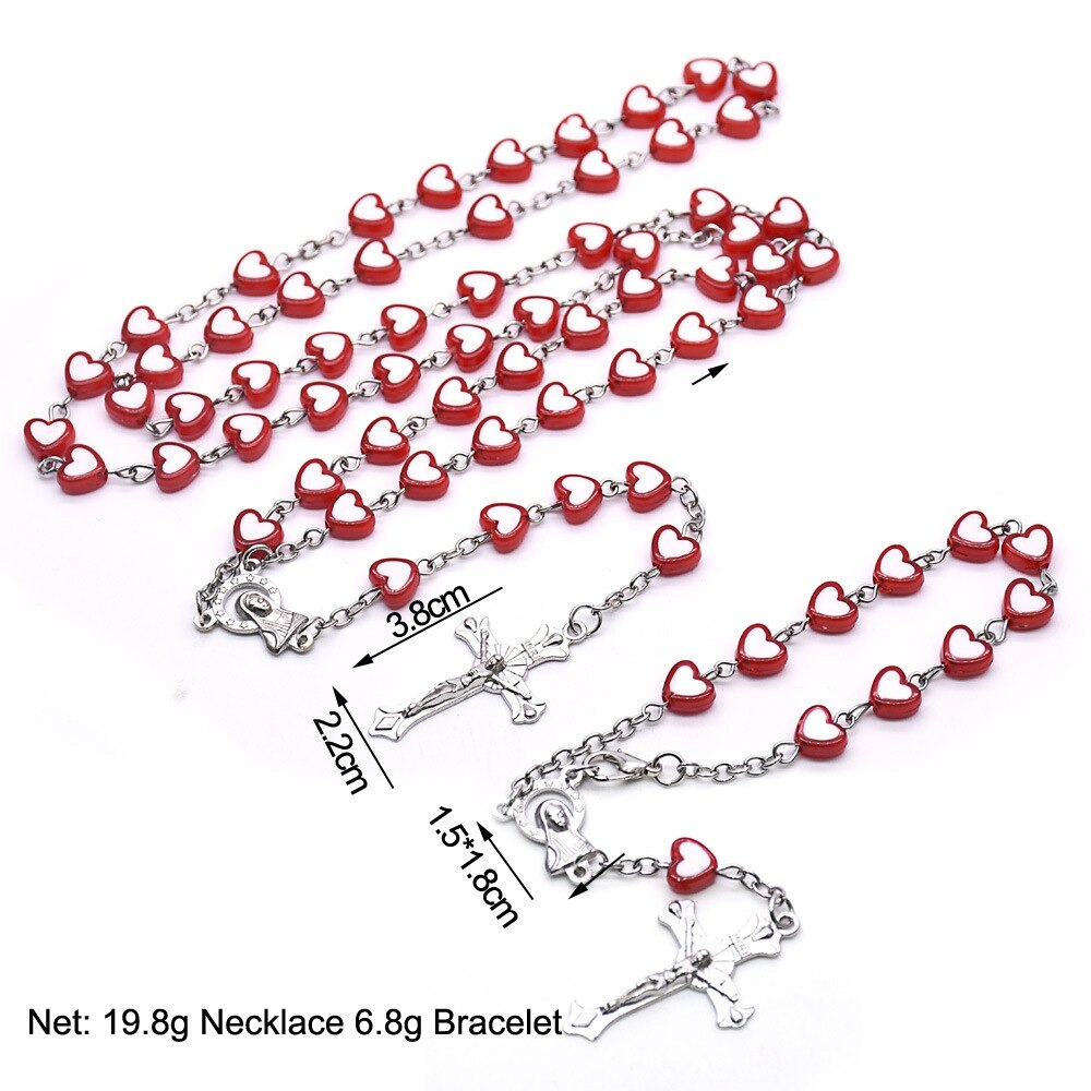 Rosary (QIGO Red/Peach Heart Shaped Beads) 80cm