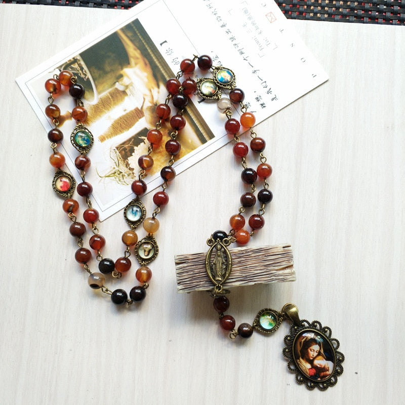 Rosary (QIGO Brown Stone Beads with Mary Pendant) 80cm