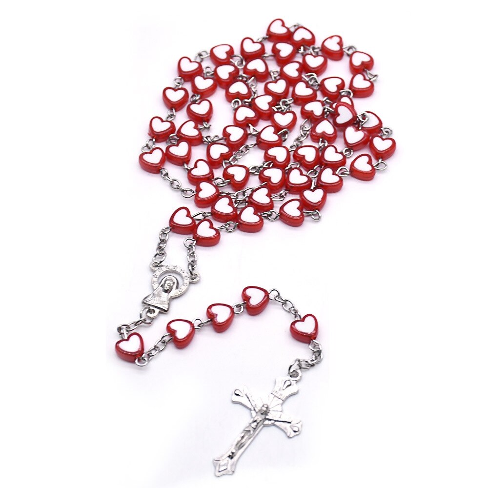 Rosary (QIGO Red/Peach Heart Shaped Beads) 80cm