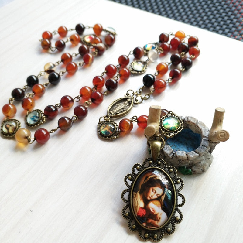 Rosary (QIGO Brown Stone Beads with Mary Pendant) 80cm