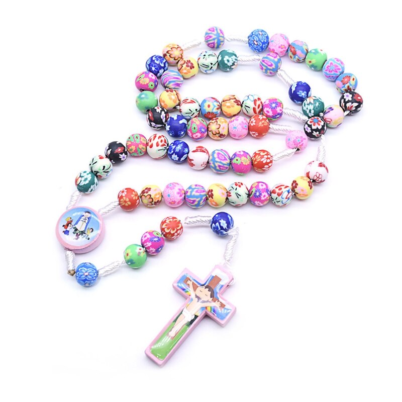 Rosary (Handmade QIGO Colourful Polymer Clay) for Children 56cm - Blue/Pink