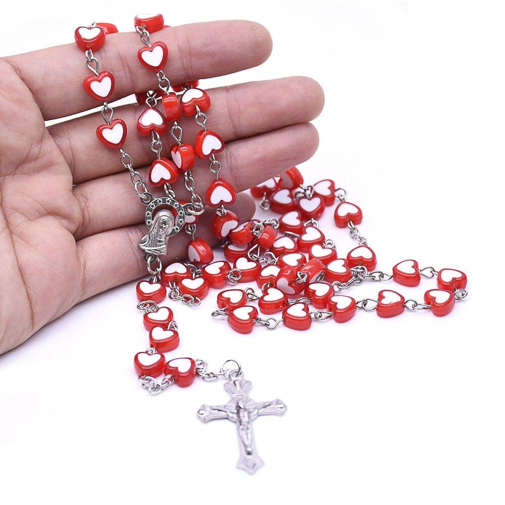 Rosary (QIGO Red/Peach Heart Shaped Beads) 80cm