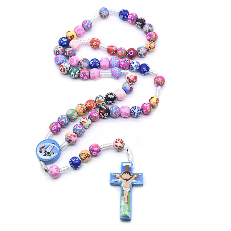 Rosary (Handmade QIGO Colourful Polymer Clay) for Children 56cm - Blue/Pink