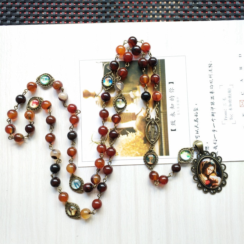 Rosary (QIGO Brown Stone Beads with Mary Pendant) 80cm