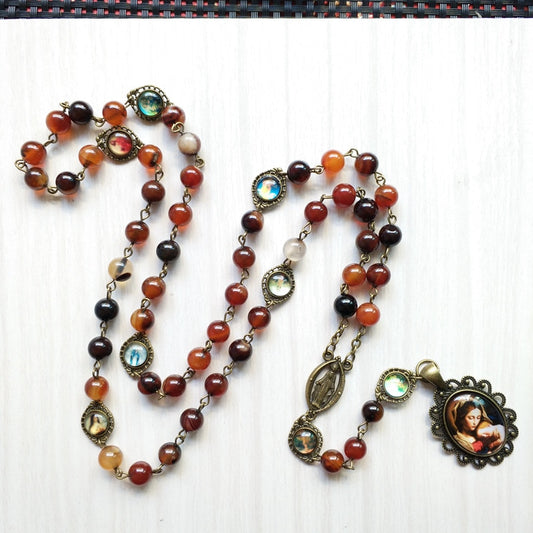 Rosary (QIGO Brown Stone Beads with Mary Pendant) 80cm