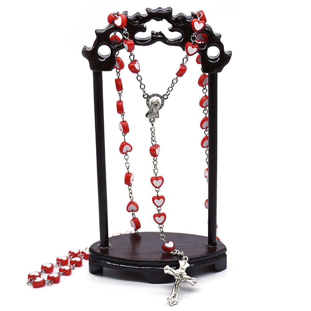 Rosary (QIGO Red/Peach Heart Shaped Beads) 80cm