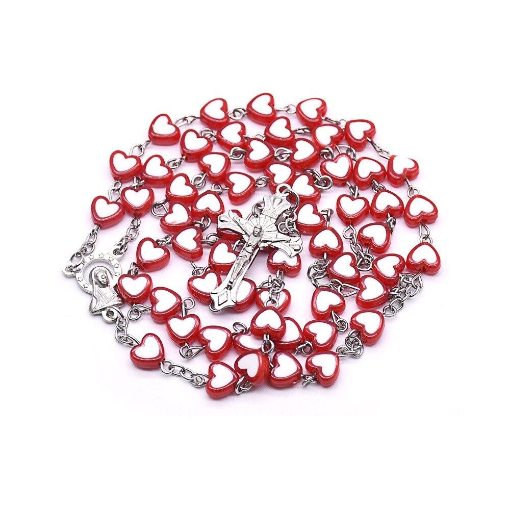 Rosary (QIGO Red/Peach Heart Shaped Beads) 80cm