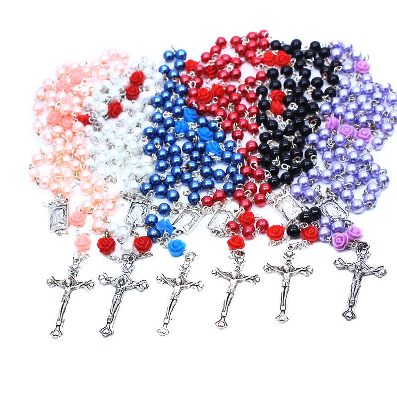 Rosary (QIGO Glass Pearl Beads With Rose Shaped Resin Beads) 70cm - Pink/White/Blue/Red/Black/Purple