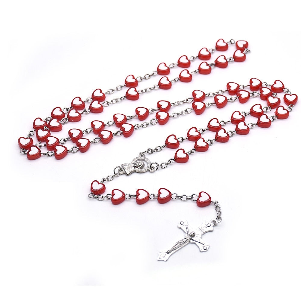 Rosary (QIGO Red/Peach Heart Shaped Beads) 80cm