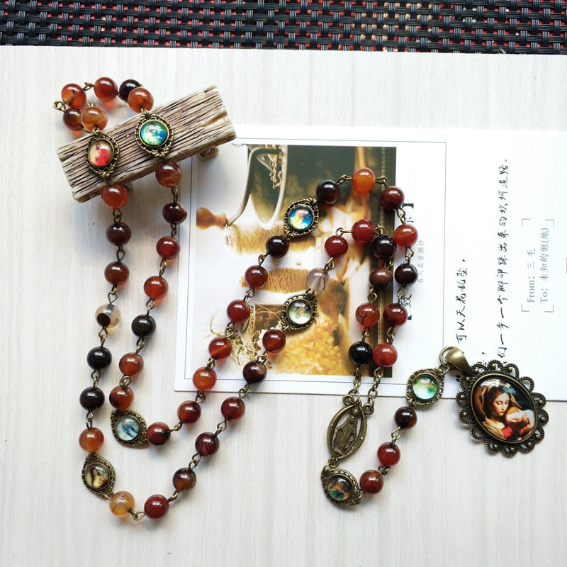 Rosary (QIGO Brown Stone Beads with Mary Pendant) 80cm