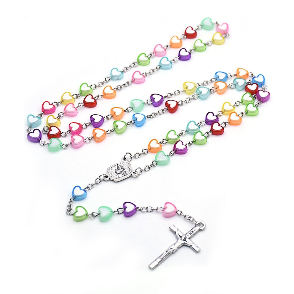 Rosary (QIGO Rainbow Heart Shaped Plastic Beads) 78cm