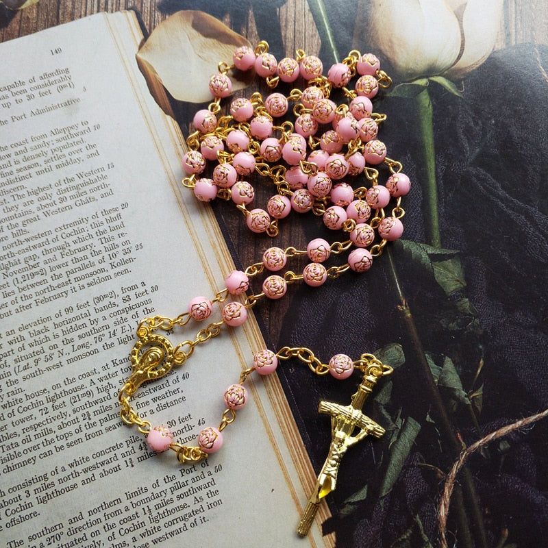 Rosary (QIGO Pink Rose Plastic Beads) 72cm