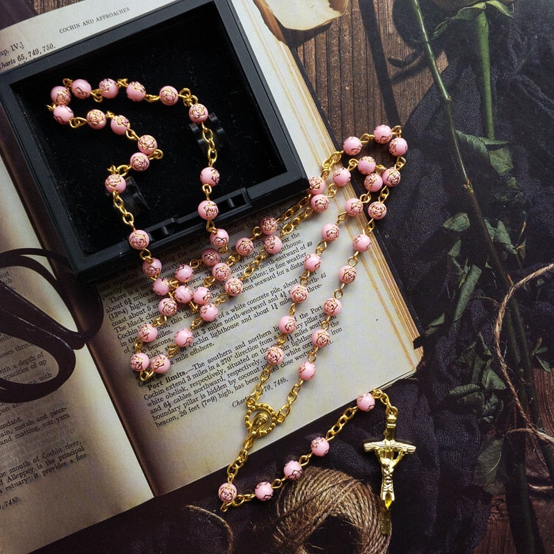 Rosary (QIGO Pink Rose Plastic Beads) 72cm