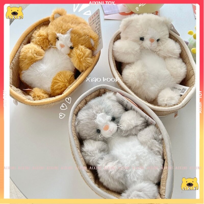 Cat/Kitten In Basket Plush Toys 21cm - Yellow/White/Grey