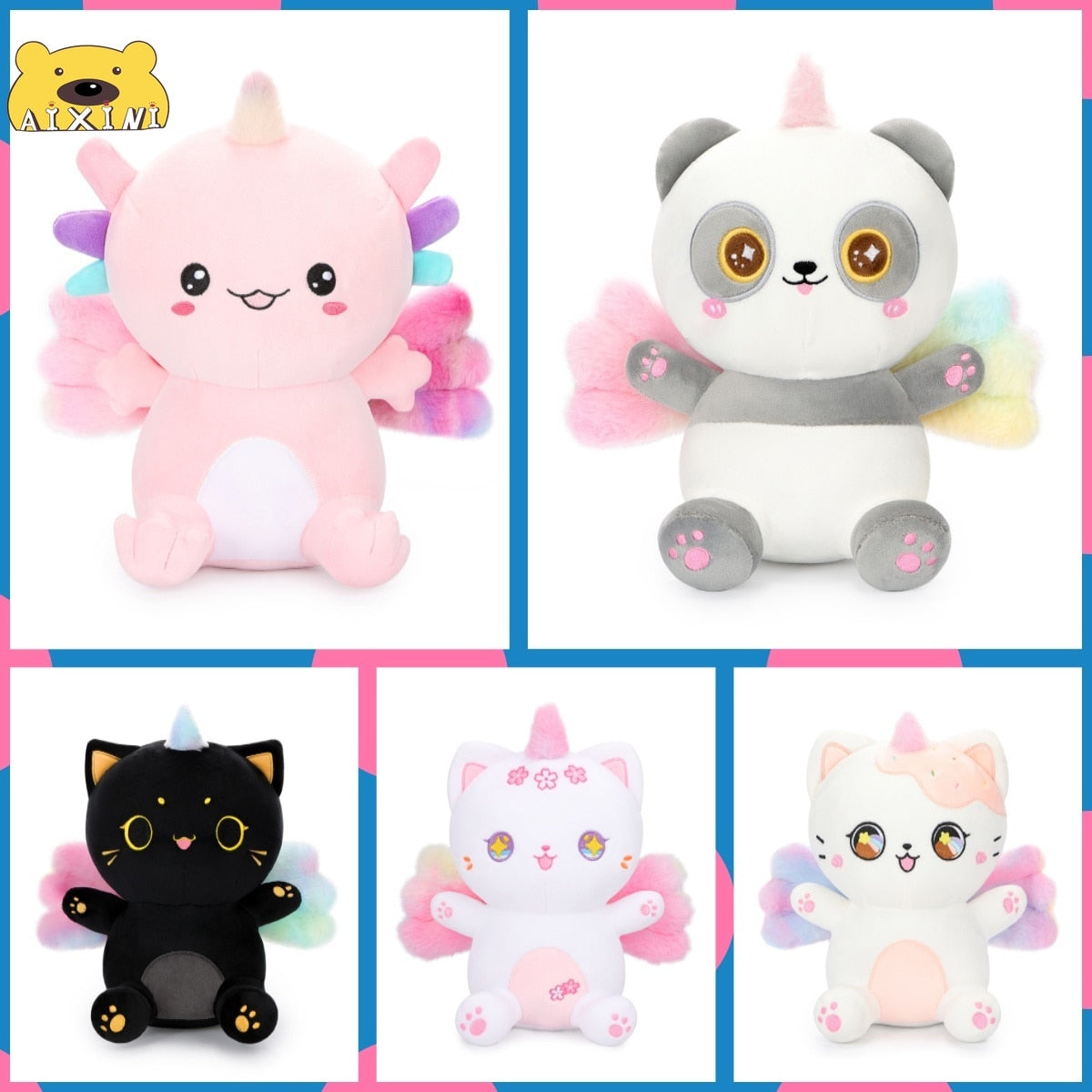 Animal ( Panda/Cat/Axolotl) With Rainbow Wing Plush Toys 25cm - 5 Styles