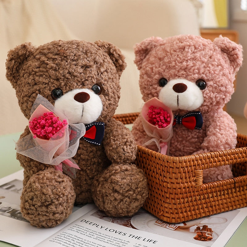 Teddy Bear With Bow Tie And Flower Plush Toys 25cm - Dark Brown/Green/Pink/Light Brown