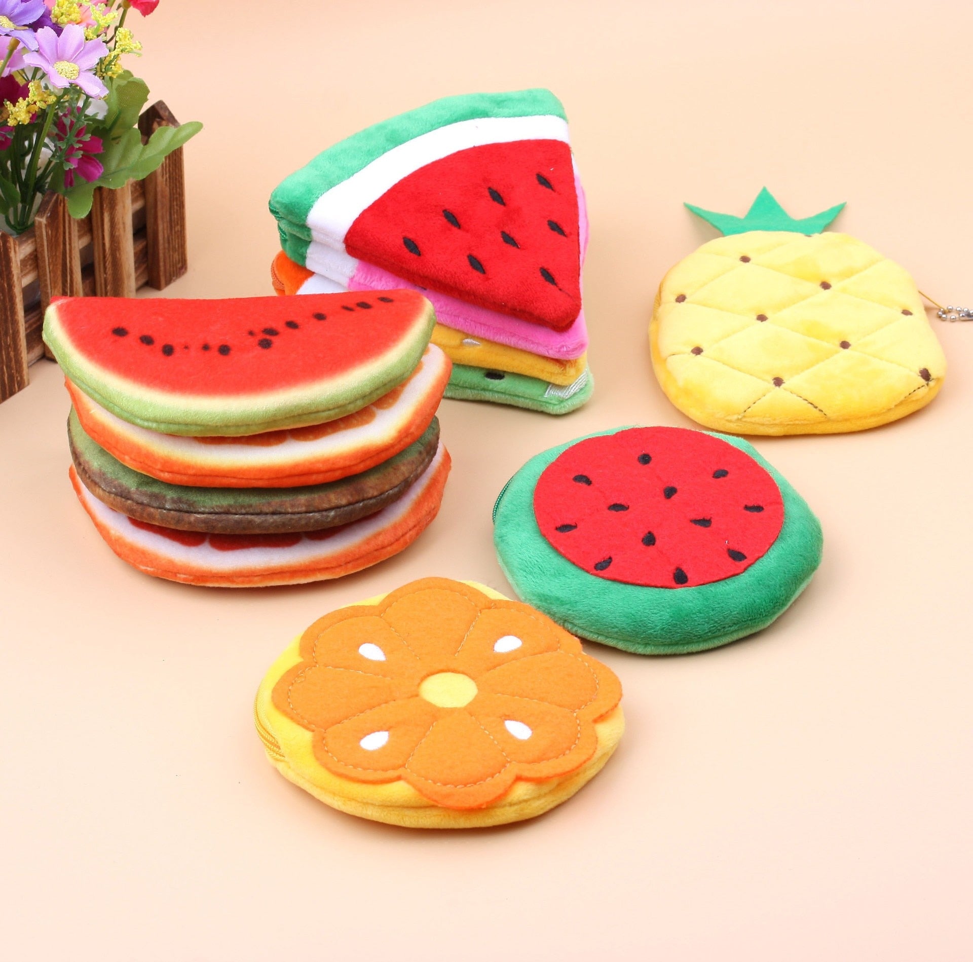 Fruit Coin Purse Plush Keychains - Orange/Strawberry/Watermelon/Pineapple