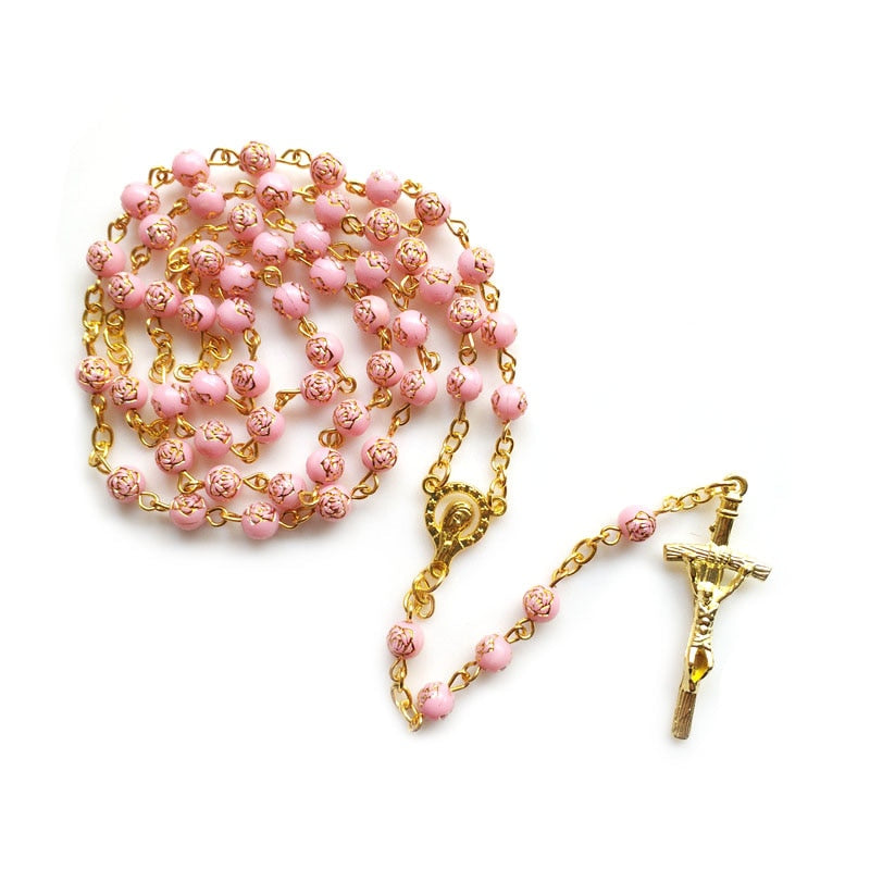 Rosary (QIGO Pink Rose Plastic Beads) 72cm