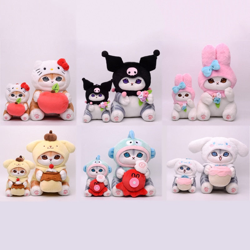 Mofusand Cat With Sanrio (Kuromi/My Melody/Cinnamonroll/Pom Pom Purin/Hello kItty/Hangyodon) Dress Up Plush Keychains 12cm and Plush Toys 20cm