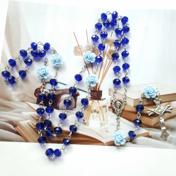 Rosary (QIGO Crystal-Pink Rose/White/Black/Red/Navy/Champagne/Purple/Blue/Yellow) 72cm